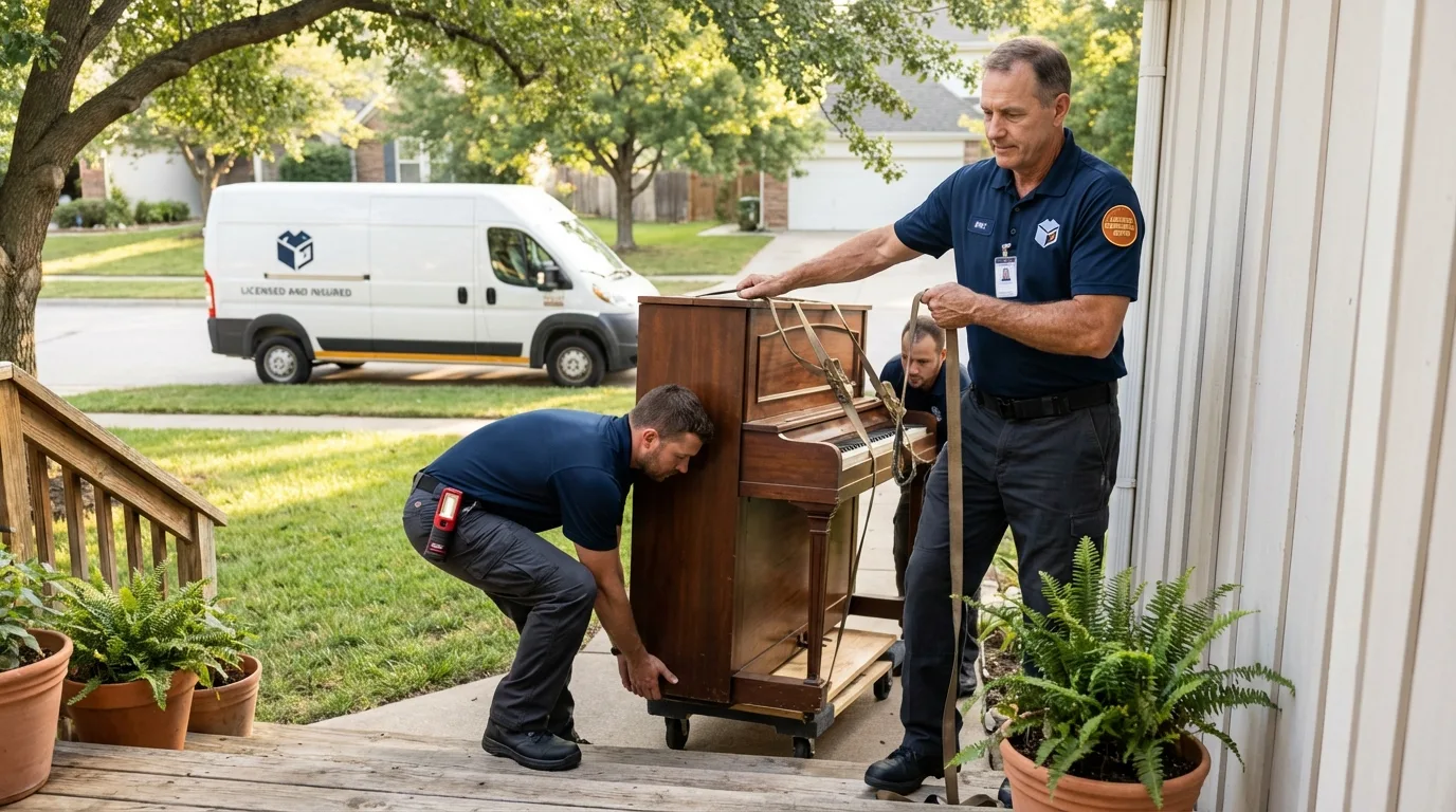 Licensed piano movers securing grand piano in Deltaville, VA