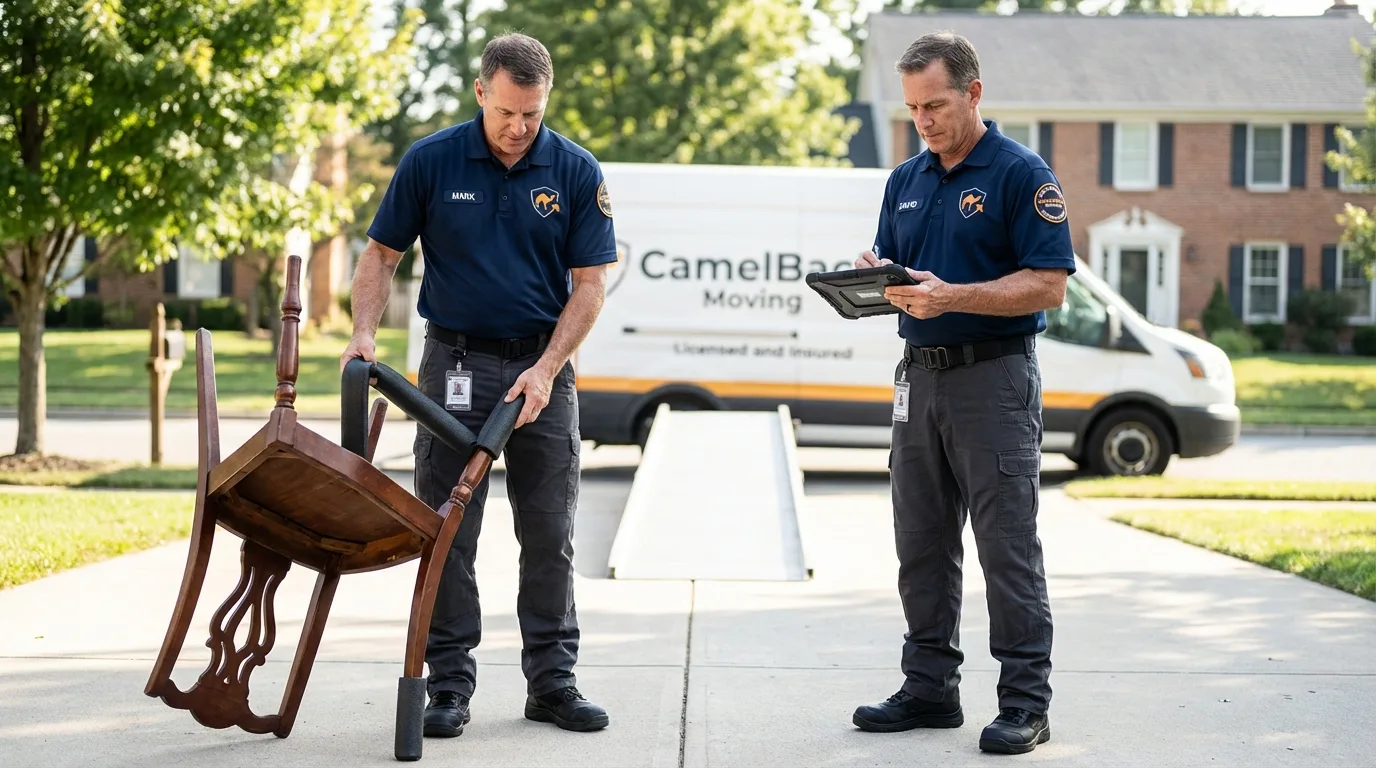 Movers inspecting furniture for damage prevention before loading in Deltaville, VA