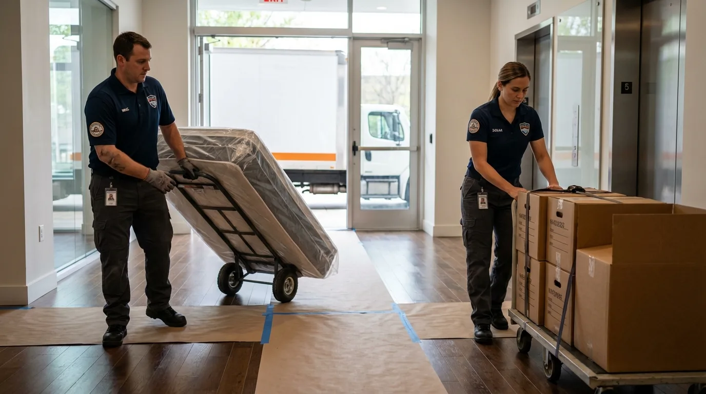 Professional apartment movers loading elevator in Deltaville, VA